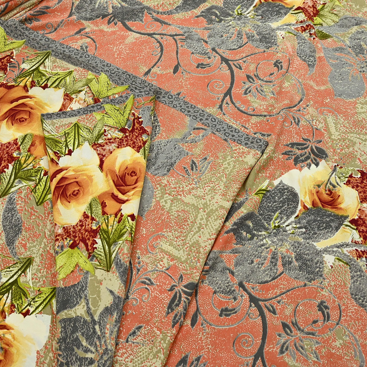 Indian Vintage Moss Crepe Saree Printed Floral Sari Fabric 6 Yards Soft Craft Fabric for Sewing, Dressmaking, Quilting,Upcycling