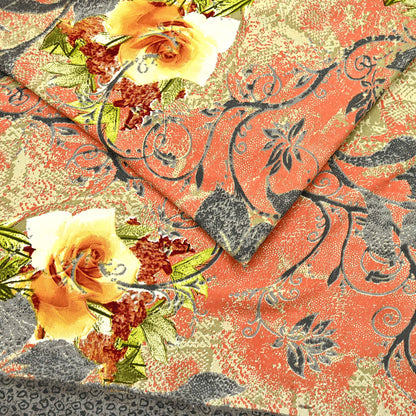 Indian Vintage Moss Crepe Saree Printed Floral Sari Fabric 6 Yards Soft Craft Fabric for Sewing, Dressmaking, Quilting,Upcycling