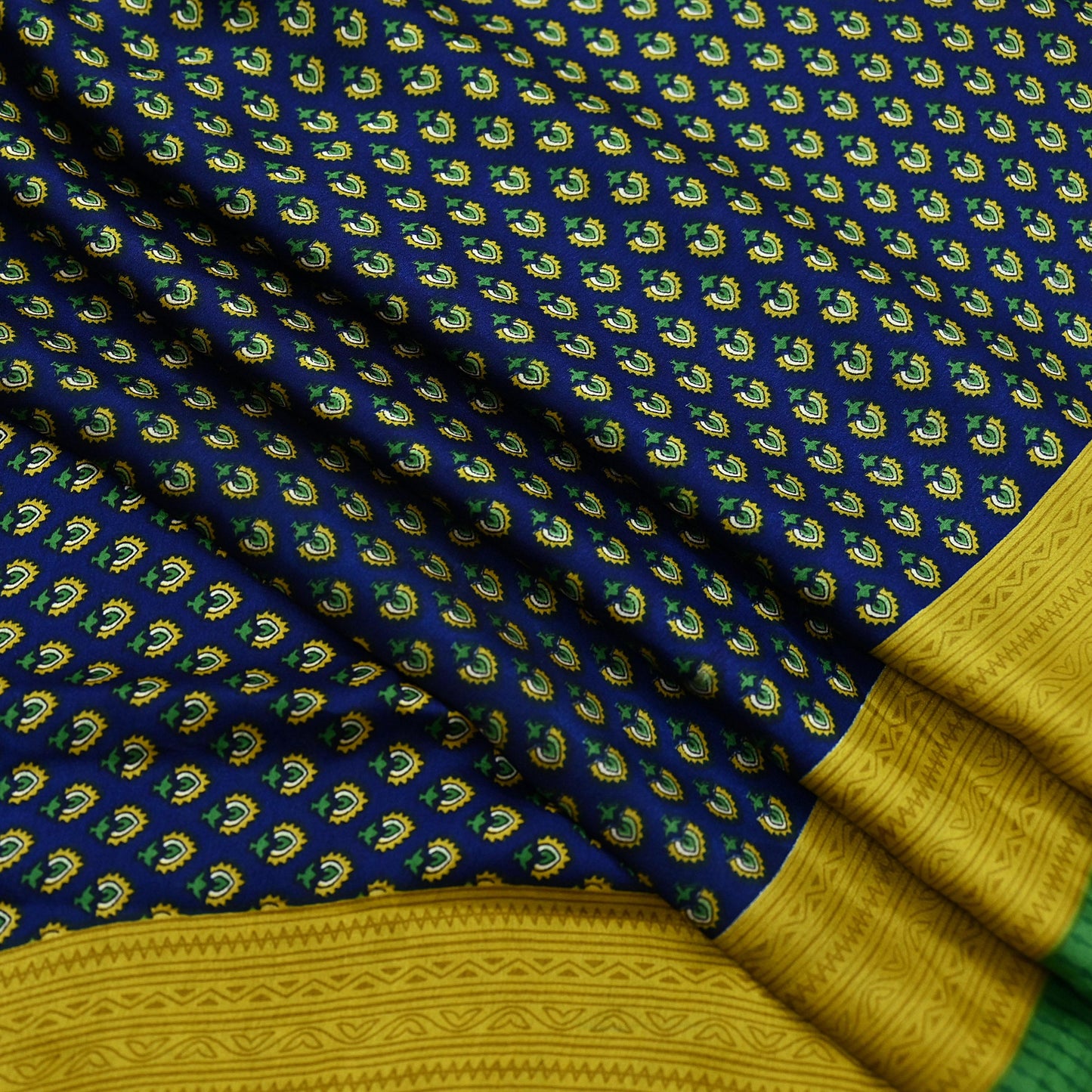 Indian Vintage Green & Blue Saree Moss Crepe Printed Sari 6yd Sewing Paisley Soft Craft Fabric Dressmaking Quilting Crafting Upcycle