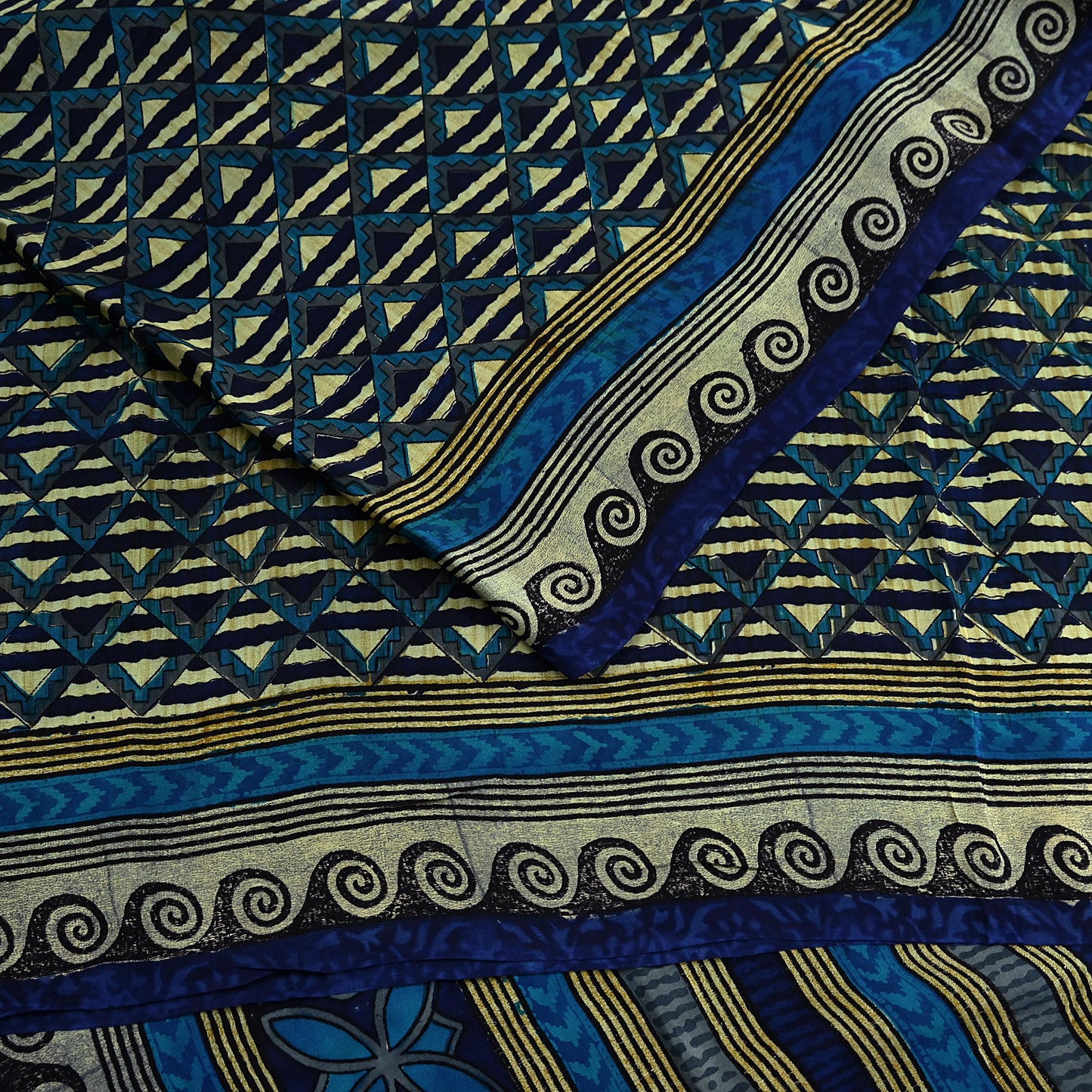 Indian Vintage Sari Green & Blue Pure Crepe Silk Printed Saree 5yard Sewing Quilting Geometric Soft Craft Fabric Wrap