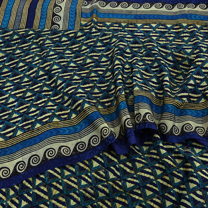 Indian Vintage Sari Green & Blue Pure Crepe Silk Printed Saree 5yard Sewing Quilting Geometric Soft Craft Fabric Wrap