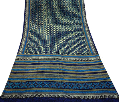 Indian Vintage Sari Green & Blue Pure Crepe Silk Printed Saree 5yard Sewing Quilting Geometric Soft Craft Fabric Wrap