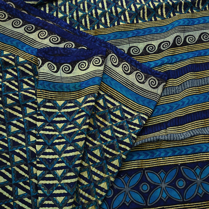 Indian Vintage Sari Green & Blue Pure Crepe Silk Printed Saree 5yard Sewing Quilting Geometric Soft Craft Fabric Wrap