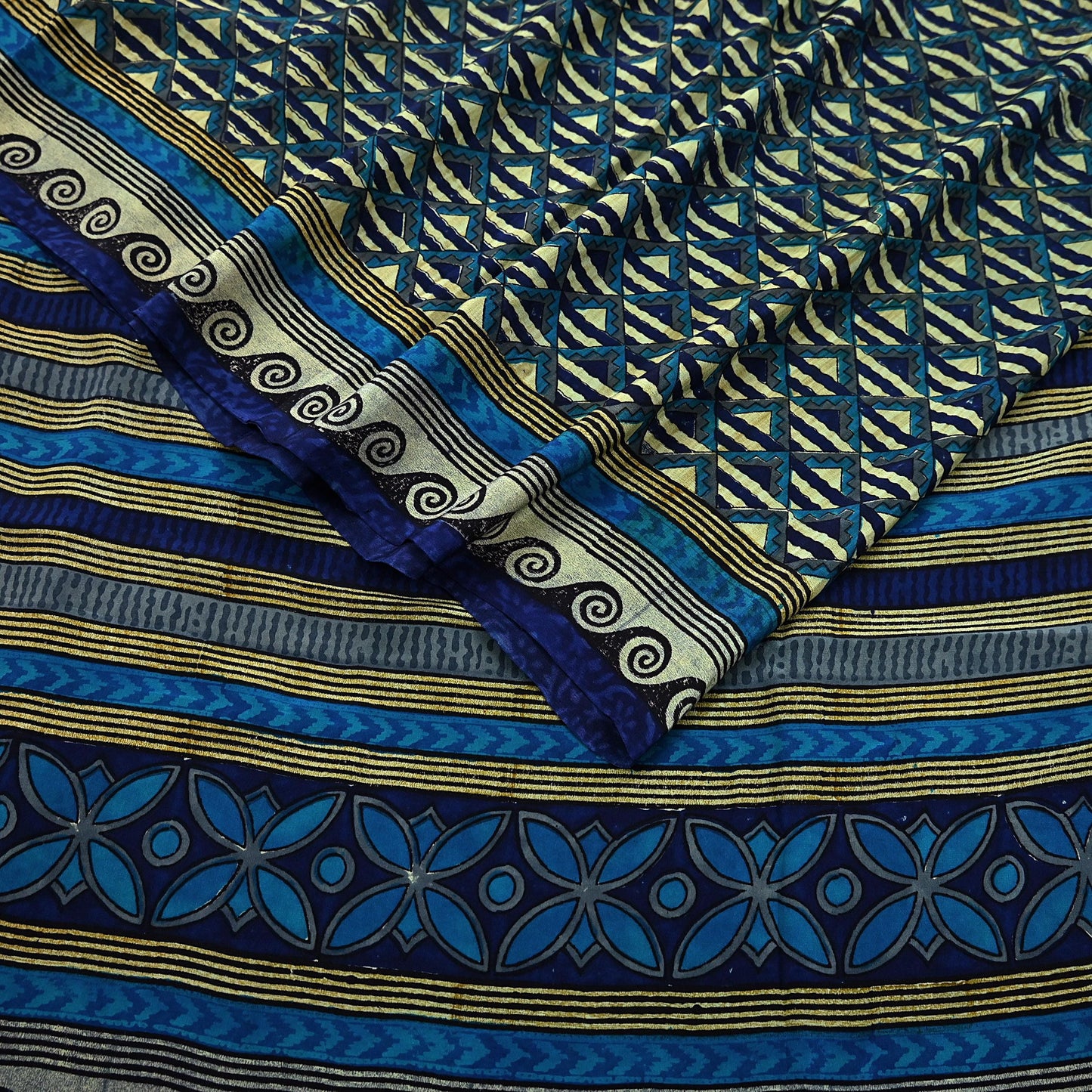 Indian Vintage Sari Green & Blue Pure Crepe Silk Printed Saree 5yard Sewing Quilting Geometric Soft Craft Fabric Wrap