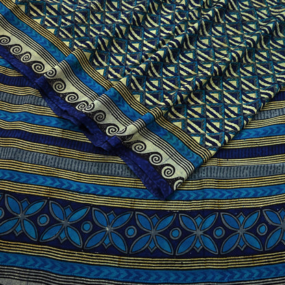 Indian Vintage Sari Green & Blue Pure Crepe Silk Printed Saree 5yard Sewing Quilting Geometric Soft Craft Fabric Wrap