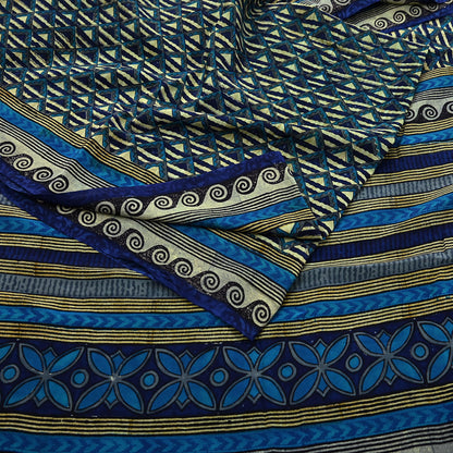 Indian Vintage Sari Green & Blue Pure Crepe Silk Printed Saree 5yard Sewing Quilting Geometric Soft Craft Fabric Wrap