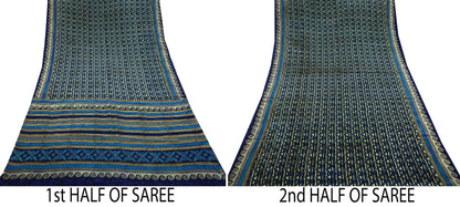 Indian Vintage Sari Green & Blue Pure Crepe Silk Printed Saree 5yard Sewing Quilting Geometric Soft Craft Fabric Wrap