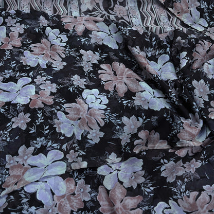 Vintage Saree Black Pure Chiffon Silk Printed Sari Craft Fabric Sewing 5Yard Soft