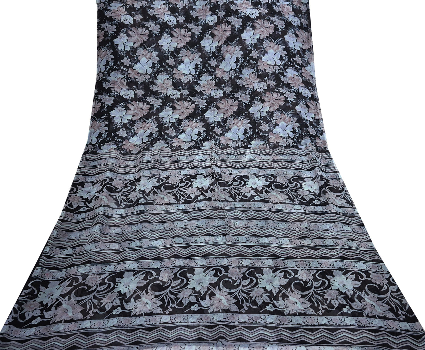 Vintage Saree Black Pure Chiffon Silk Printed Sari Craft Fabric Sewing 5Yard Soft