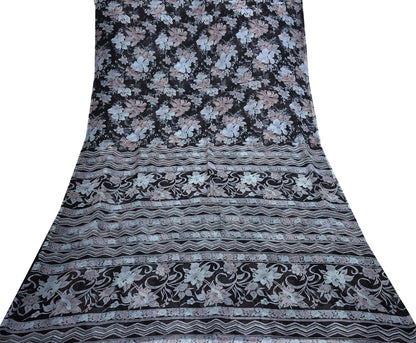 Vintage Saree Black Pure Chiffon Silk Printed Sari Craft Fabric Sewing 5Yard Soft