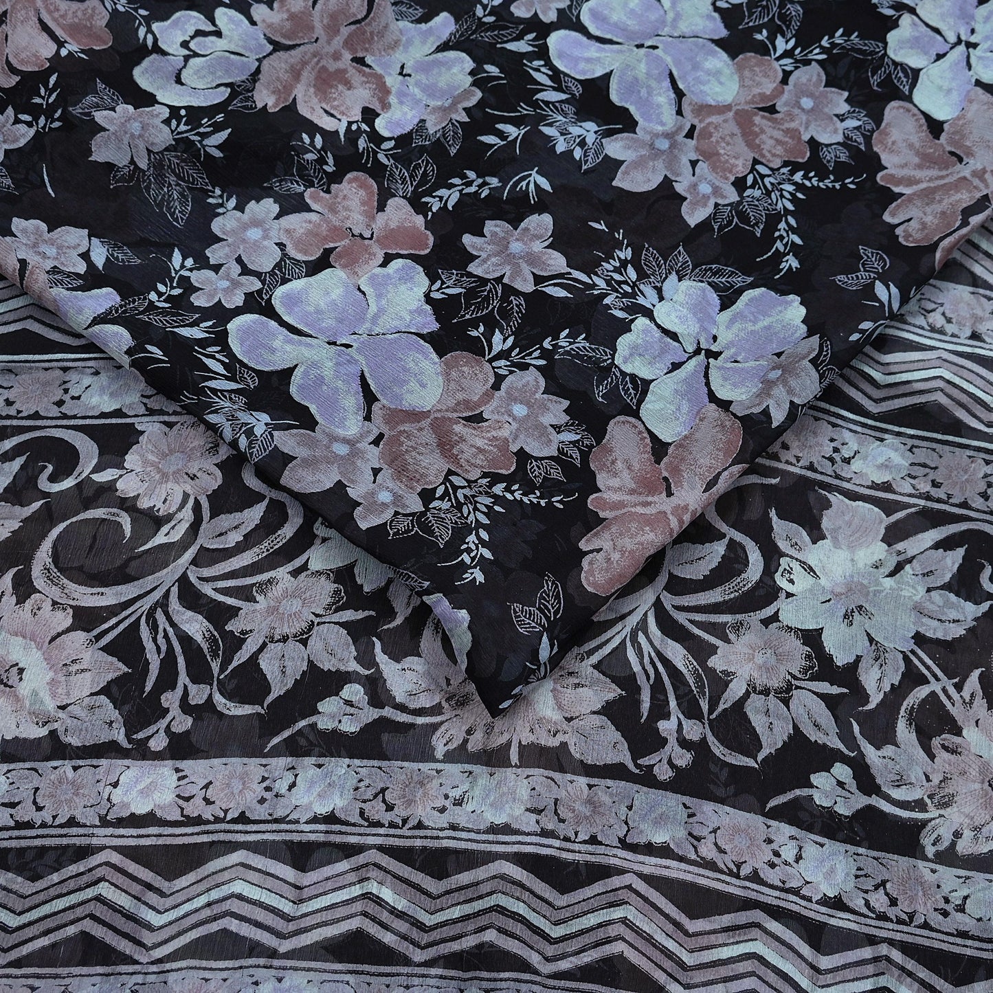 Vintage Saree Black Pure Chiffon Silk Printed Sari Craft Fabric Sewing 5Yard Soft