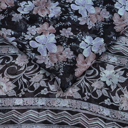 Vintage Saree Black Pure Chiffon Silk Printed Sari Craft Fabric Sewing 5Yard Soft