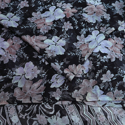 Vintage Saree Black Pure Chiffon Silk Printed Sari Craft Fabric Sewing 5Yard Soft
