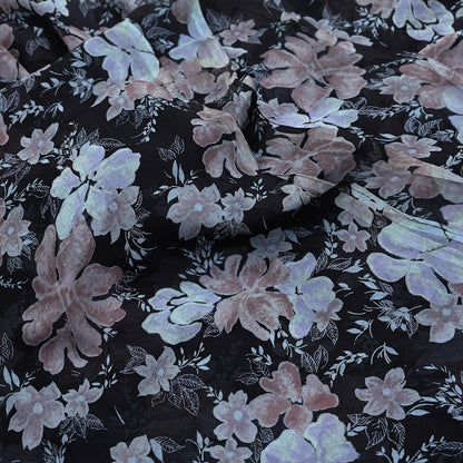 Vintage Saree Black Pure Chiffon Silk Printed Sari Craft Fabric Sewing 5Yard Soft