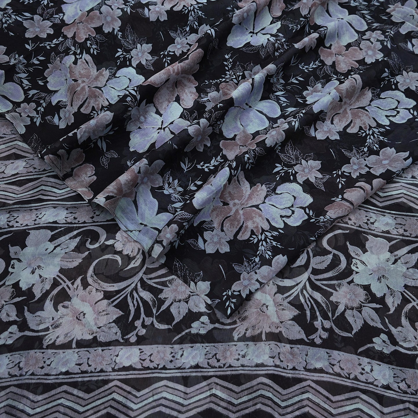 Vintage Saree Black Pure Chiffon Silk Printed Sari Craft Fabric Sewing 5Yard Soft