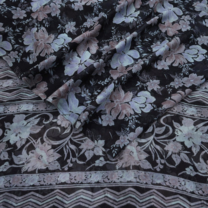 Vintage Saree Black Pure Chiffon Silk Printed Sari Craft Fabric Sewing 5Yard Soft