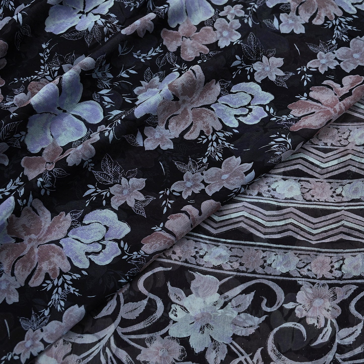 Vintage Saree Black Pure Chiffon Silk Printed Sari Craft Fabric Sewing 5Yard Soft