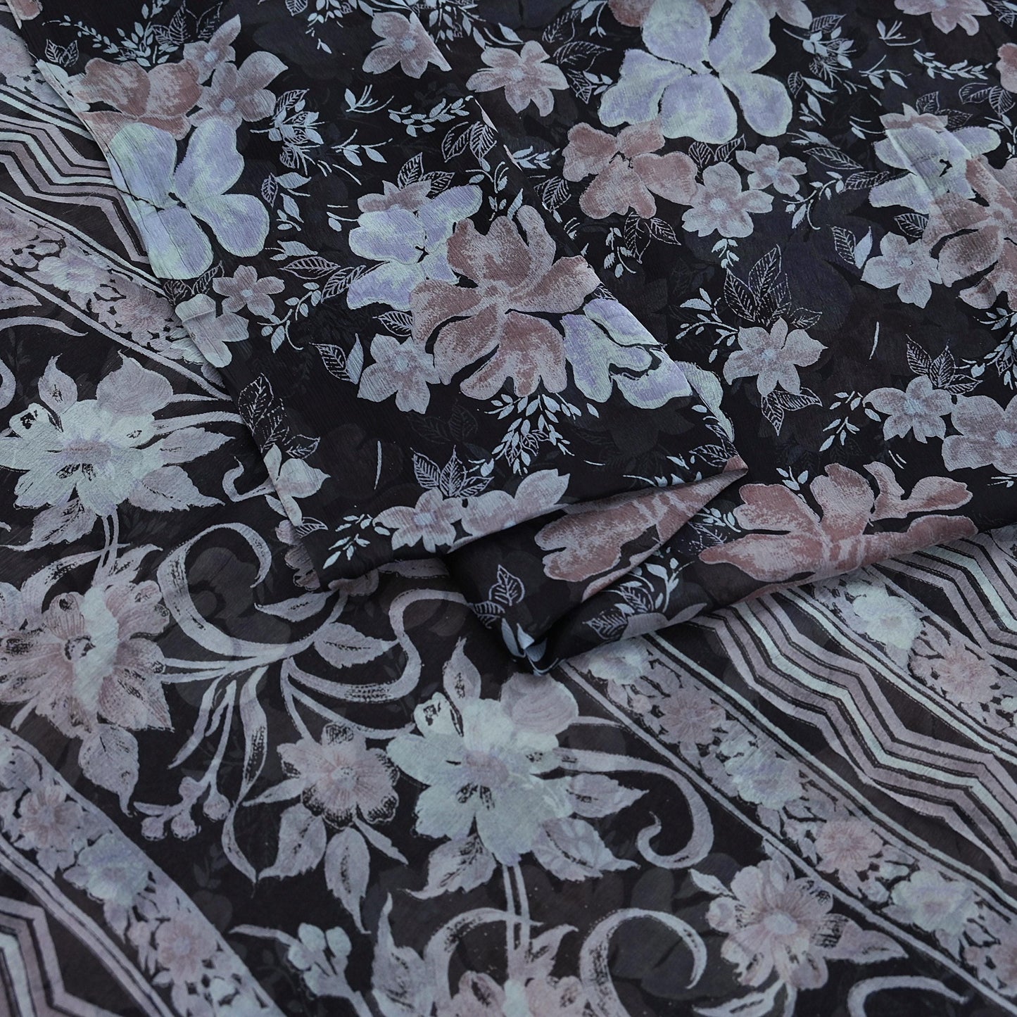 Vintage Saree Black Pure Chiffon Silk Printed Sari Craft Fabric Sewing 5Yard Soft