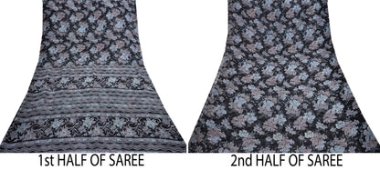 Vintage Saree Black Pure Chiffon Silk Printed Sari Craft Fabric Sewing 5Yard Soft