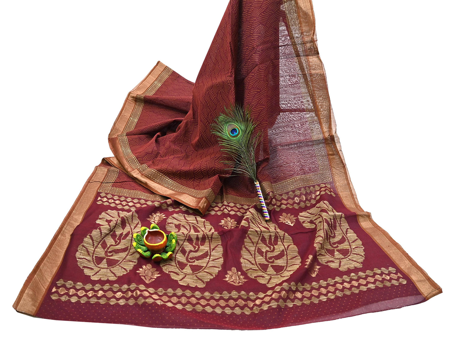 Indian Vintage Sari Maroon Pure Cotton Hand Woven 5Yd Sarees Soft Floral Ethnic Craft Fabric Sewing Dress making Crafting Quilting