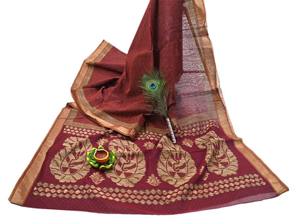 Indian Vintage Sari Maroon Pure Cotton Hand Woven 5Yd Sarees Soft Floral Ethnic Craft Fabric Sewing Dress making Crafting Quilting