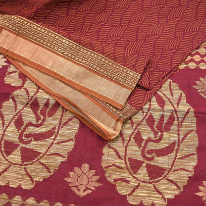 Indian Vintage Sari Maroon Pure Cotton Hand Woven 5Yd Sarees Soft Floral Ethnic Craft Fabric Sewing Dress making Crafting Quilting