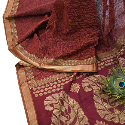 Indian Vintage Sari Maroon Pure Cotton Hand Woven 5Yd Sarees Soft Floral Ethnic Craft Fabric Sewing Dress making Crafting Quilting