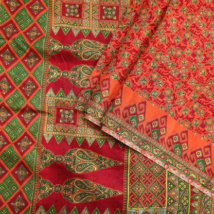 Indian Vintage Sari Orange 100% Pure Silk Printed Saree Craft Fabric 6yd Sewing Dress Making Soft Wrap Paisley Quilting Crafting Upcycle