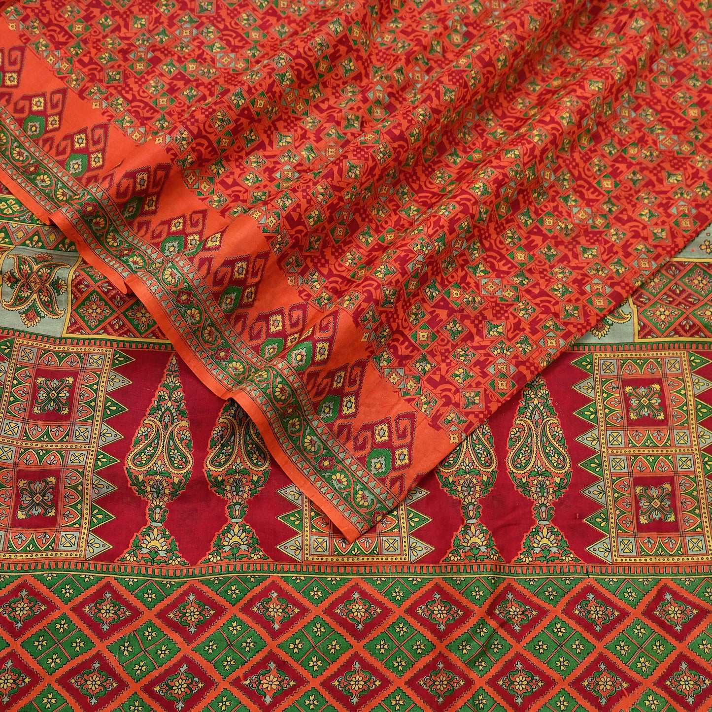 Indian Vintage Sari Orange 100% Pure Silk Printed Saree Craft Fabric 6yd Sewing Dress Making Soft Wrap Paisley Quilting Crafting Upcycle