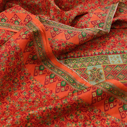 Indian Vintage Sari Orange 100% Pure Silk Printed Saree Craft Fabric 6yd Sewing Dress Making Soft Wrap Paisley Quilting Crafting Upcycle