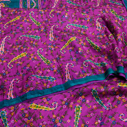 Indian Vintage Sari Purple & Green Pure Silk Printed Saree 5yd Sewing Quilting Craft Fabric Dress Making/ Designing Soft Upcycle Used Floral