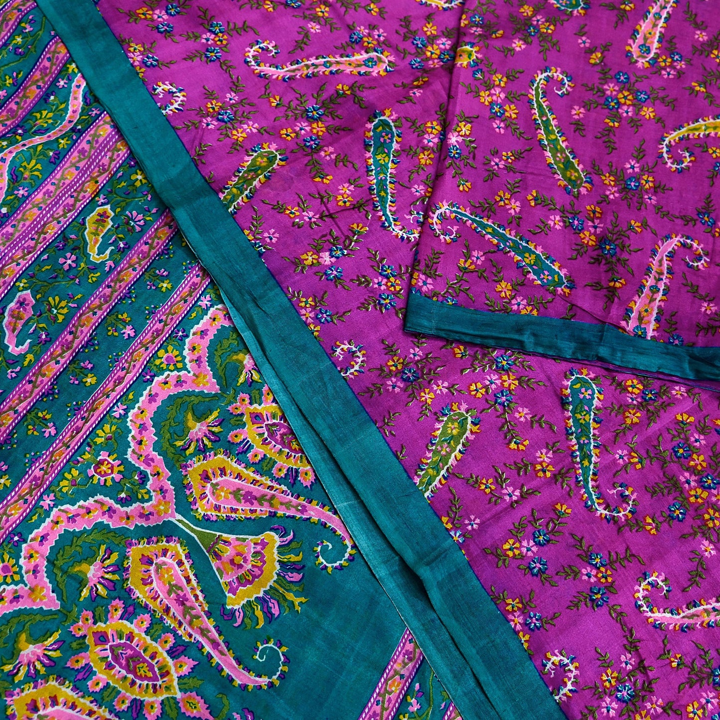 Indian Vintage Sari Purple & Green Pure Silk Printed Saree 5yd Sewing Quilting Craft Fabric Dress Making/ Designing Soft Upcycle Used Floral