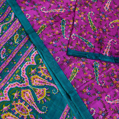 Indian Vintage Sari Purple & Green Pure Silk Printed Saree 5yd Sewing Quilting Craft Fabric Dress Making/ Designing Soft Upcycle Used Floral