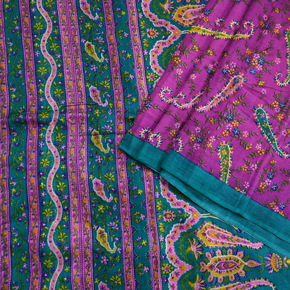 Indian Vintage Sari Purple & Green Pure Silk Printed Saree 5yd Sewing Quilting Craft Fabric Dress Making/ Designing Soft Upcycle Used Floral