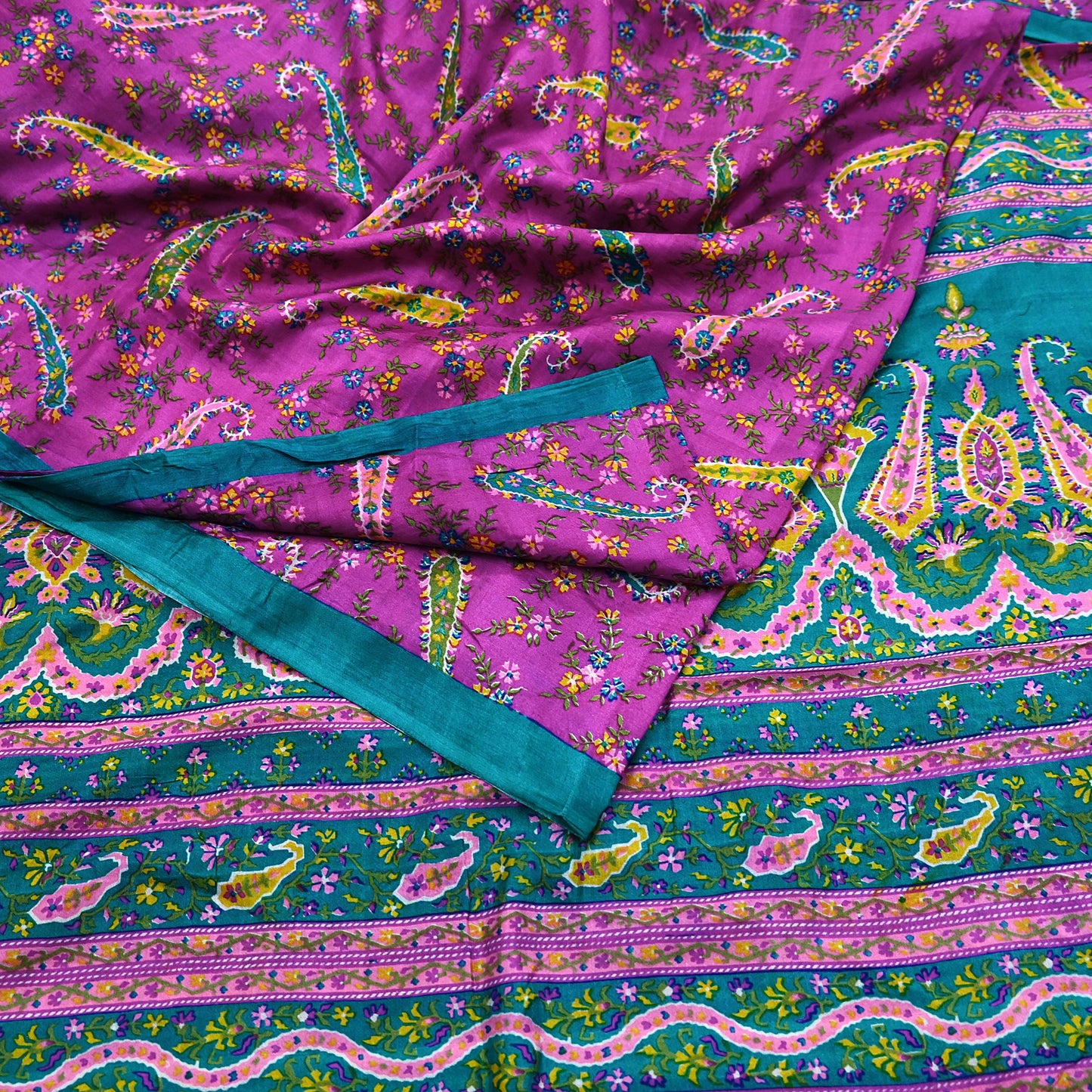 Indian Vintage Sari Purple & Green Pure Silk Printed Saree 5yd Sewing Quilting Craft Fabric Dress Making/ Designing Soft Upcycle Used Floral