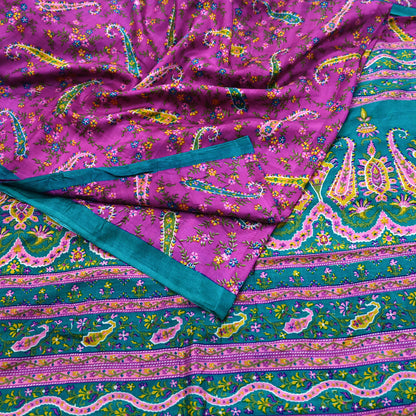 Indian Vintage Sari Purple & Green Pure Silk Printed Saree 5yd Sewing Quilting Craft Fabric Dress Making/ Designing Soft Upcycle Used Floral