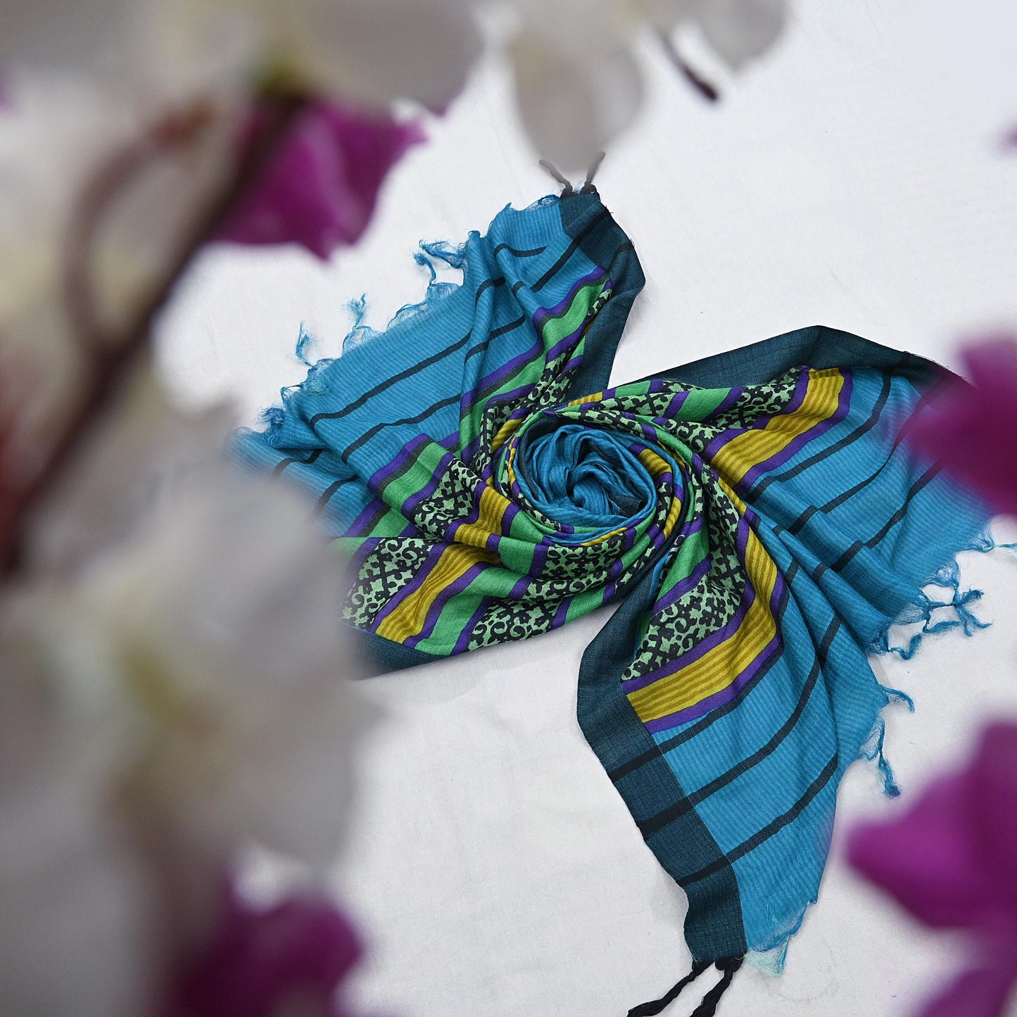 Vintage Blue Stole Pure Wool Printed Dupatta Scarf Shawl Wrap Floral Long Winter Scarf for Women, Hijab, Christmas Gift