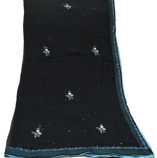 Indian Vintage Dupatta Black Pure Georgette silk Long Stole Embroidered Scarves Stole Veil Wrap