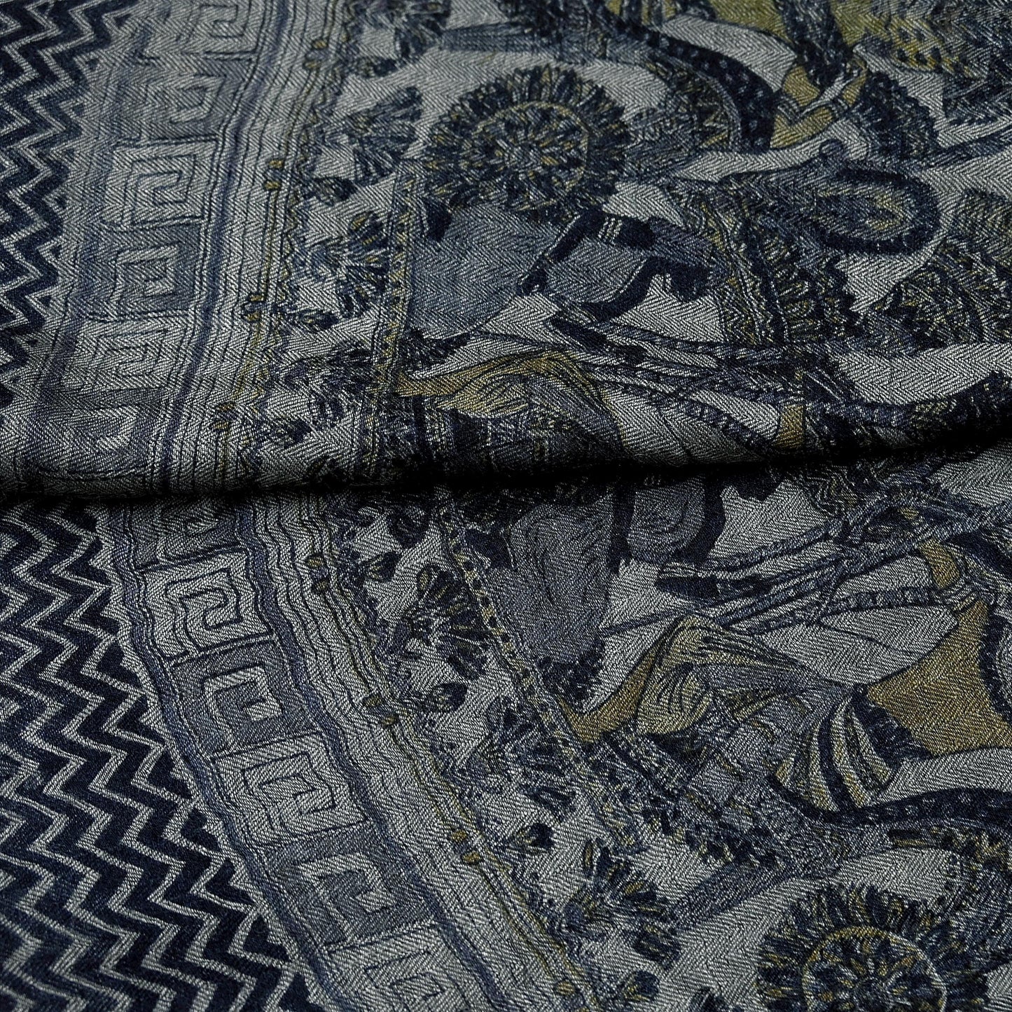 Vintage Gray & Black Stole Pure Wool Printed Dupatta Scarf Shawl Wrap Floral Long Winter Scarf for Women, Hijab, Christmas Gift