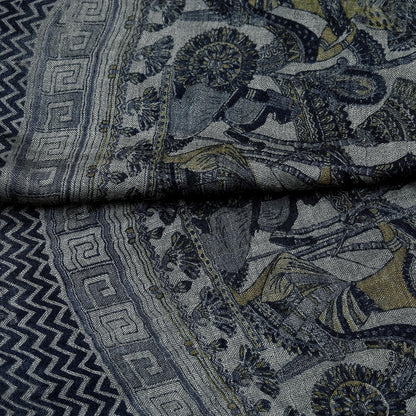 Vintage Gray & Black Stole Pure Wool Printed Dupatta Scarf Shawl Wrap Floral Long Winter Scarf for Women, Hijab, Christmas Gift