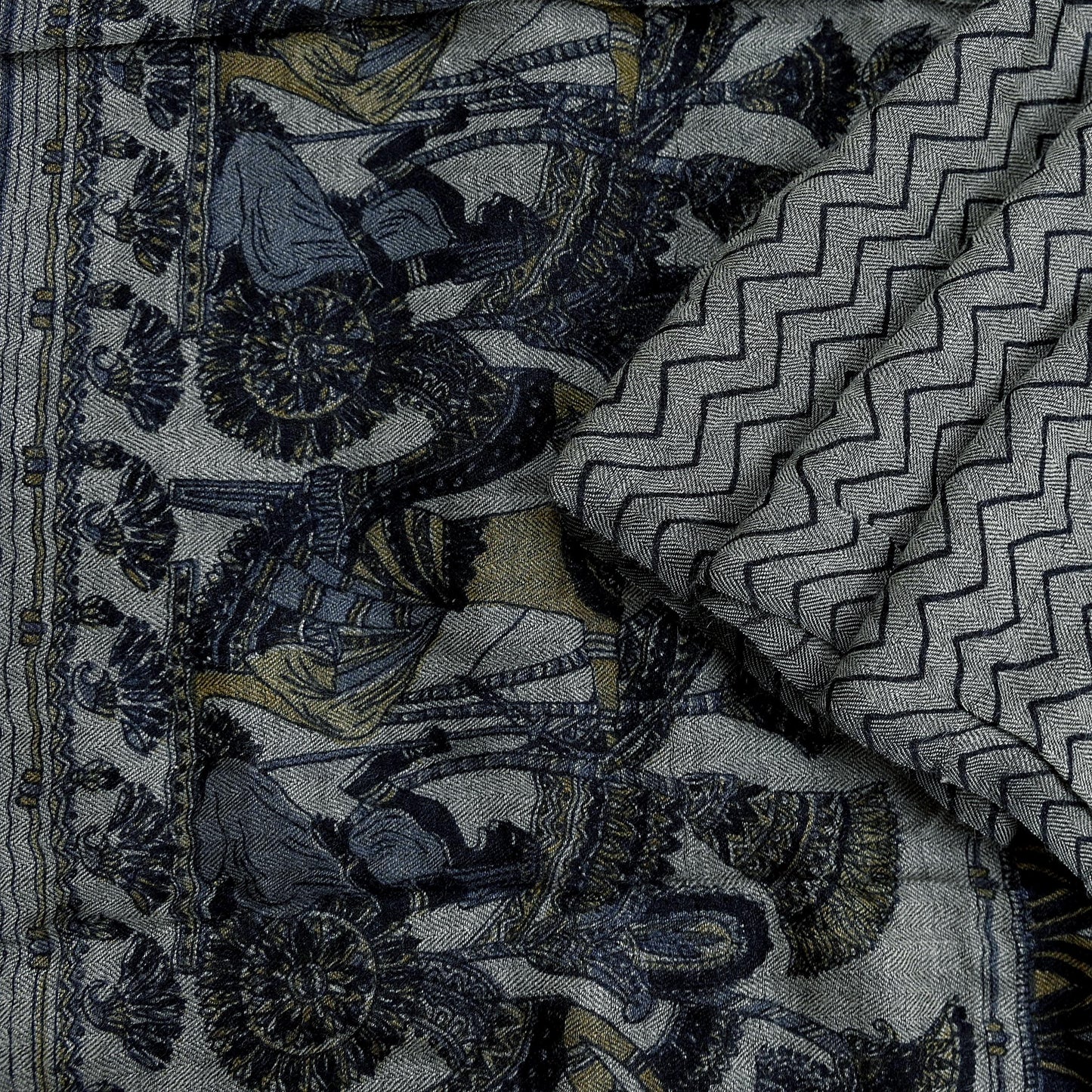 Vintage Gray & Black Stole Pure Wool Printed Dupatta Scarf Shawl Wrap Floral Long Winter Scarf for Women, Hijab, Christmas Gift