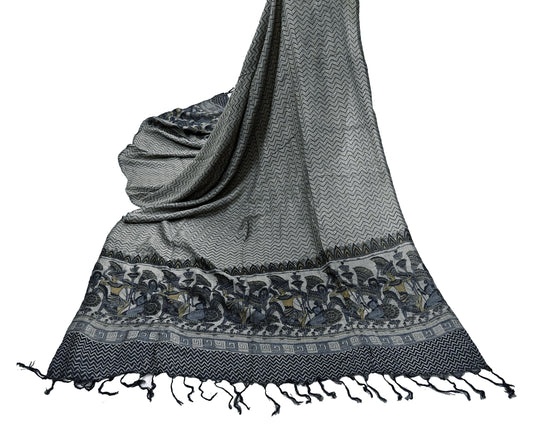 Vintage Gray & Black Stole Pure Wool Printed Dupatta Scarf Shawl Wrap Floral Long Winter Scarf for Women, Hijab, Christmas Gift