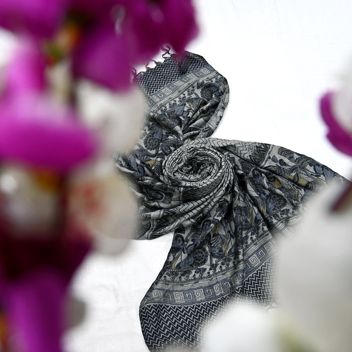 Vintage Gray & Black Stole Pure Wool Printed Dupatta Scarf Shawl Wrap Floral Long Winter Scarf for Women, Hijab, Christmas Gift