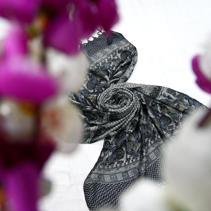 Vintage Gray & Black Stole Pure Wool Printed Dupatta Scarf Shawl Wrap Floral Long Winter Scarf for Women, Hijab, Christmas Gift