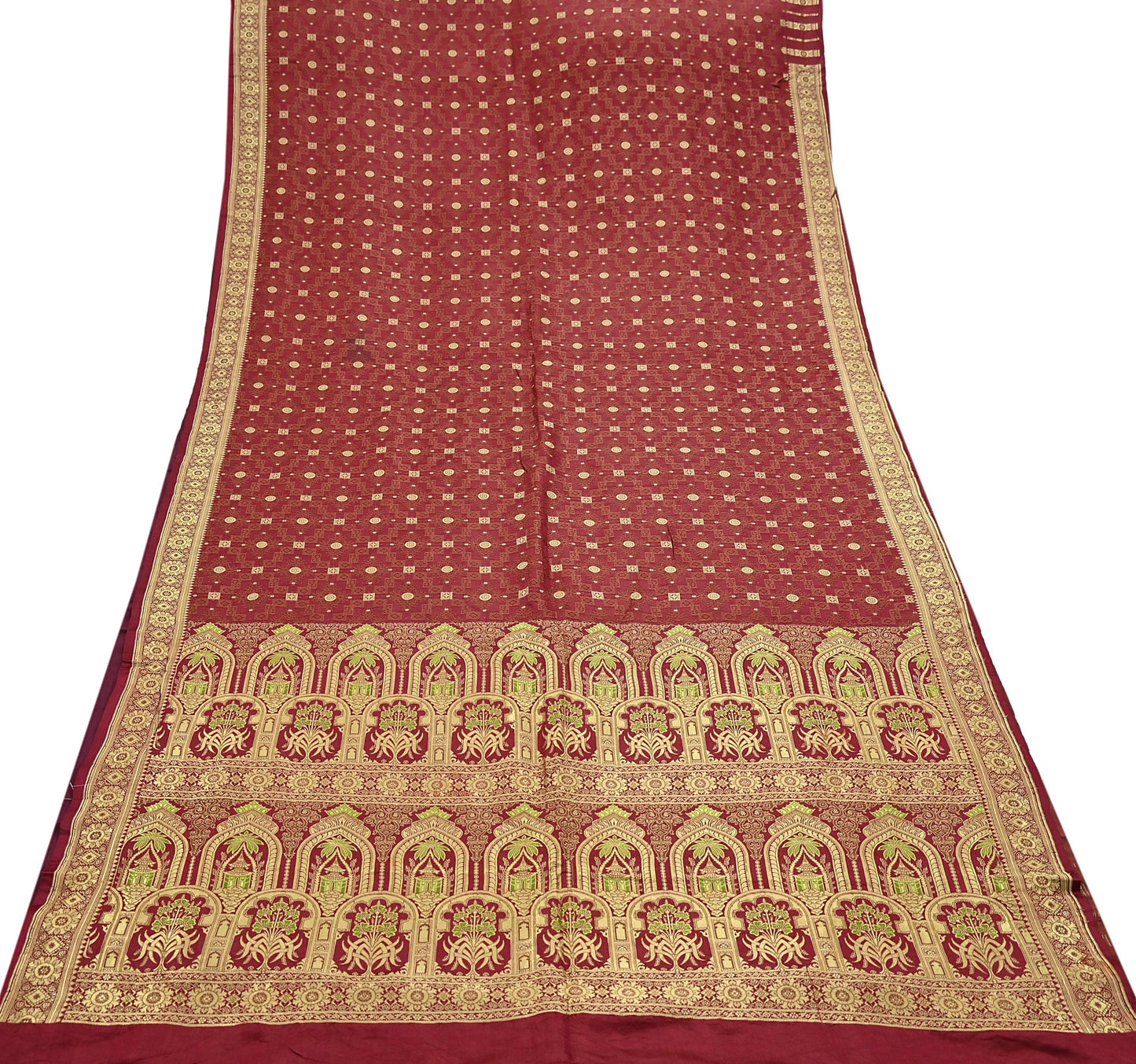 Vintage Maroon Banarasi Silk Saree Pure Satin Silk Handwoven Tanchoi Fabric with Floral Weave 5 Yard Dressmaking Craft Material