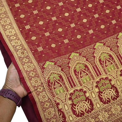 Vintage Maroon Banarasi Silk Saree Pure Satin Silk Handwoven Tanchoi Fabric with Floral Weave 5 Yard Dressmaking Craft Material