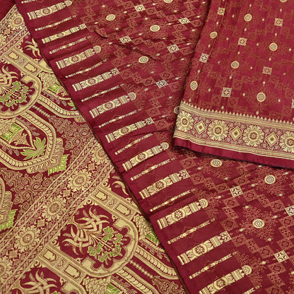 Vintage Maroon Banarasi Silk Saree Pure Satin Silk Handwoven Tanchoi Fabric with Floral Weave 5 Yard Dressmaking Craft Material
