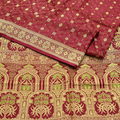 Vintage Maroon Banarasi Silk Saree Pure Satin Silk Handwoven Tanchoi Fabric with Floral Weave 5 Yard Dressmaking Craft Material