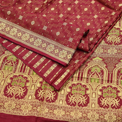 Vintage Maroon Banarasi Silk Saree Pure Satin Silk Handwoven Tanchoi Fabric with Floral Weave 5 Yard Dressmaking Craft Material