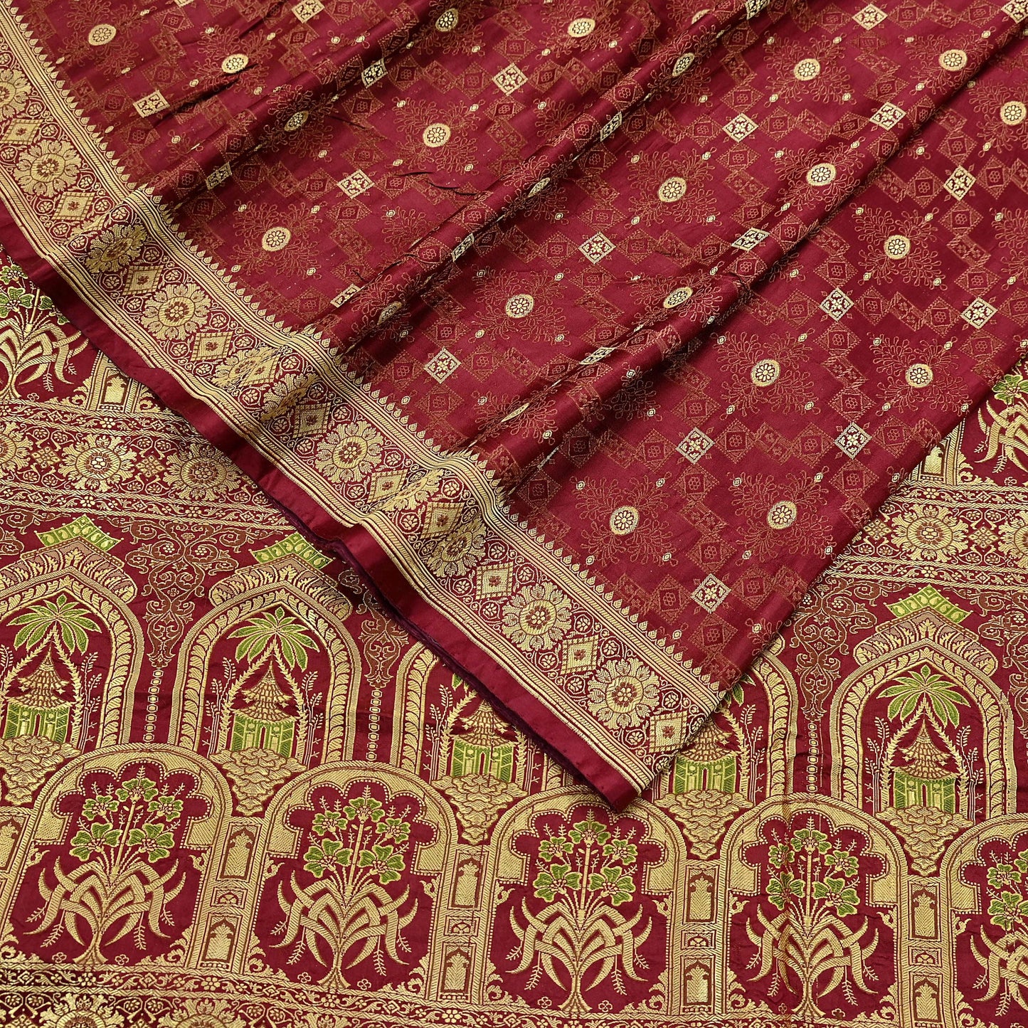 Vintage Maroon Banarasi Silk Saree Pure Satin Silk Handwoven Tanchoi Fabric with Floral Weave 5 Yard Dressmaking Craft Material